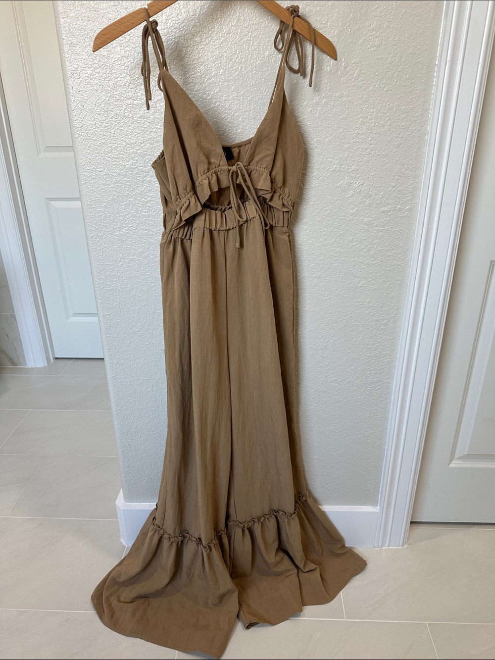 Vici Tie-Shoulder Maxi Dress in Tan